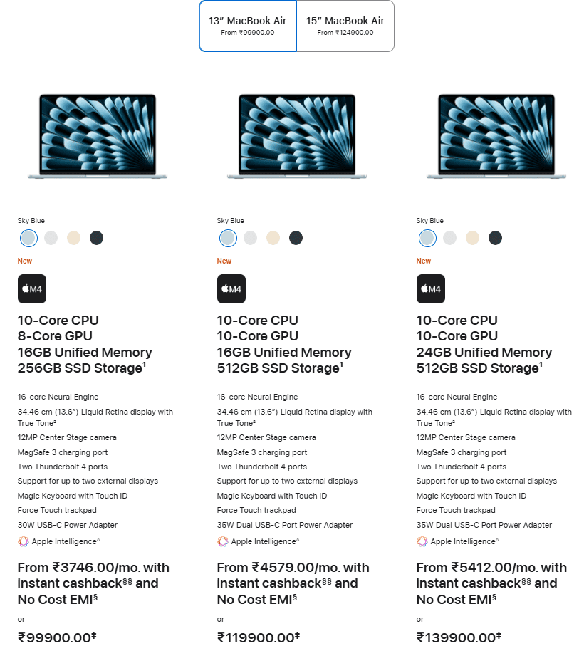 macbook air 13 inch m4 price list