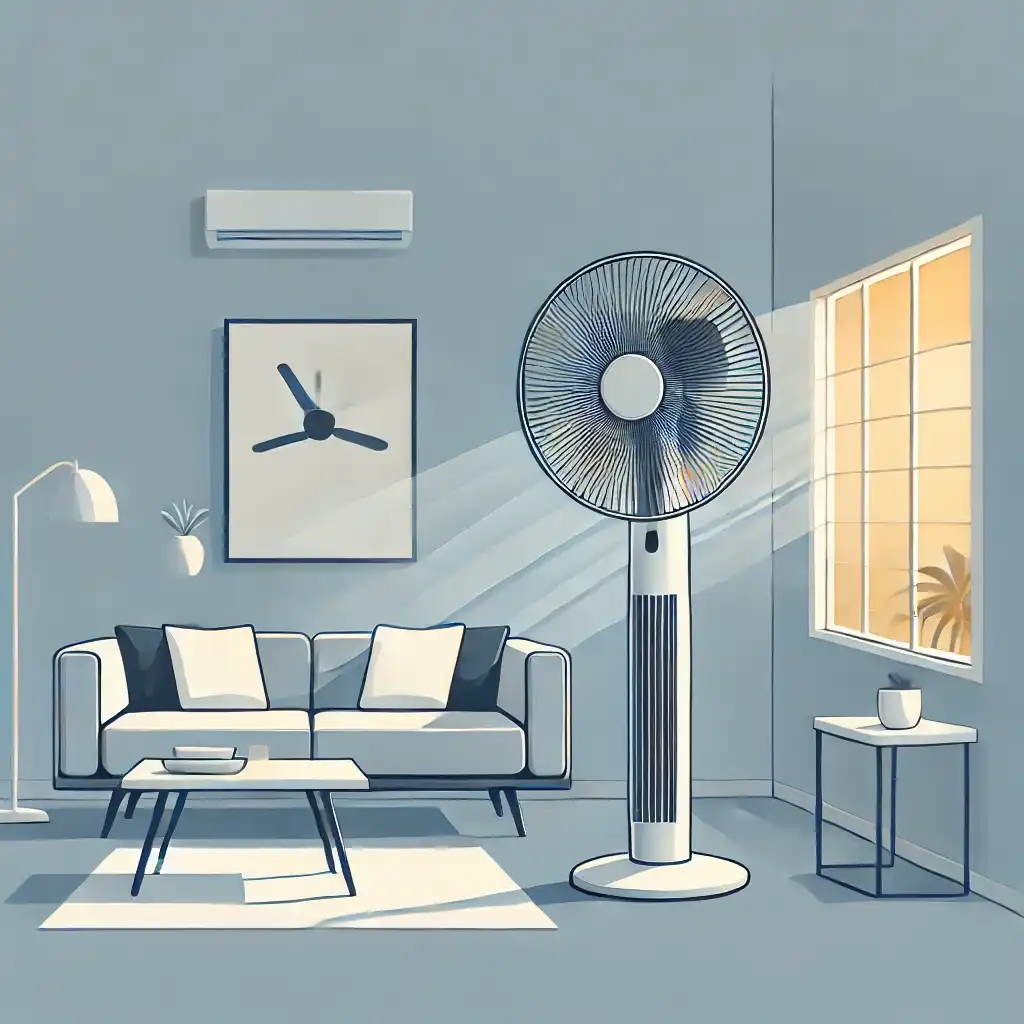 modern Indian living room with a sleek tower fan oscillating and circulating air