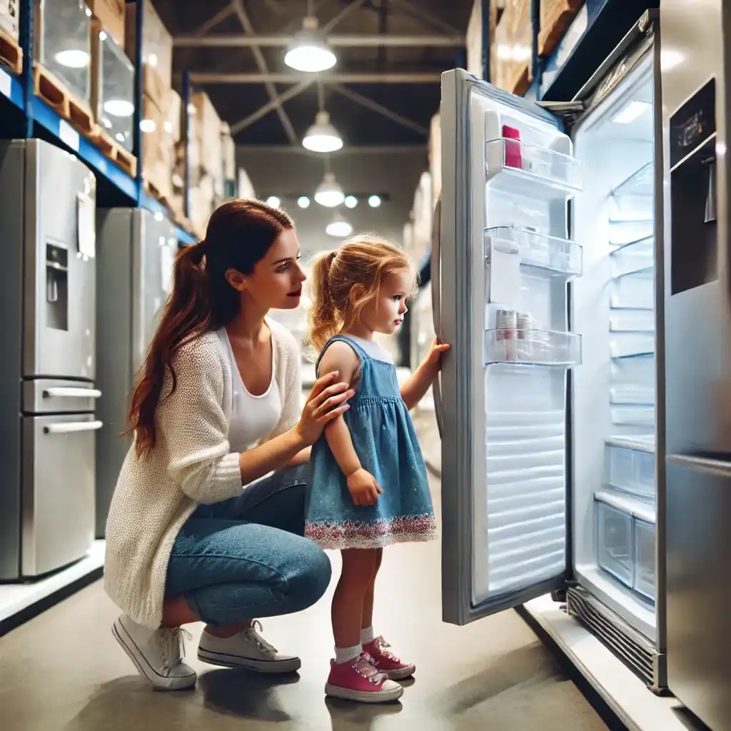 mother and her young daughter closely examining a refrigerator in store