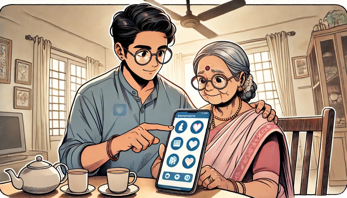 son helping his elderly mother set up a smartphone
