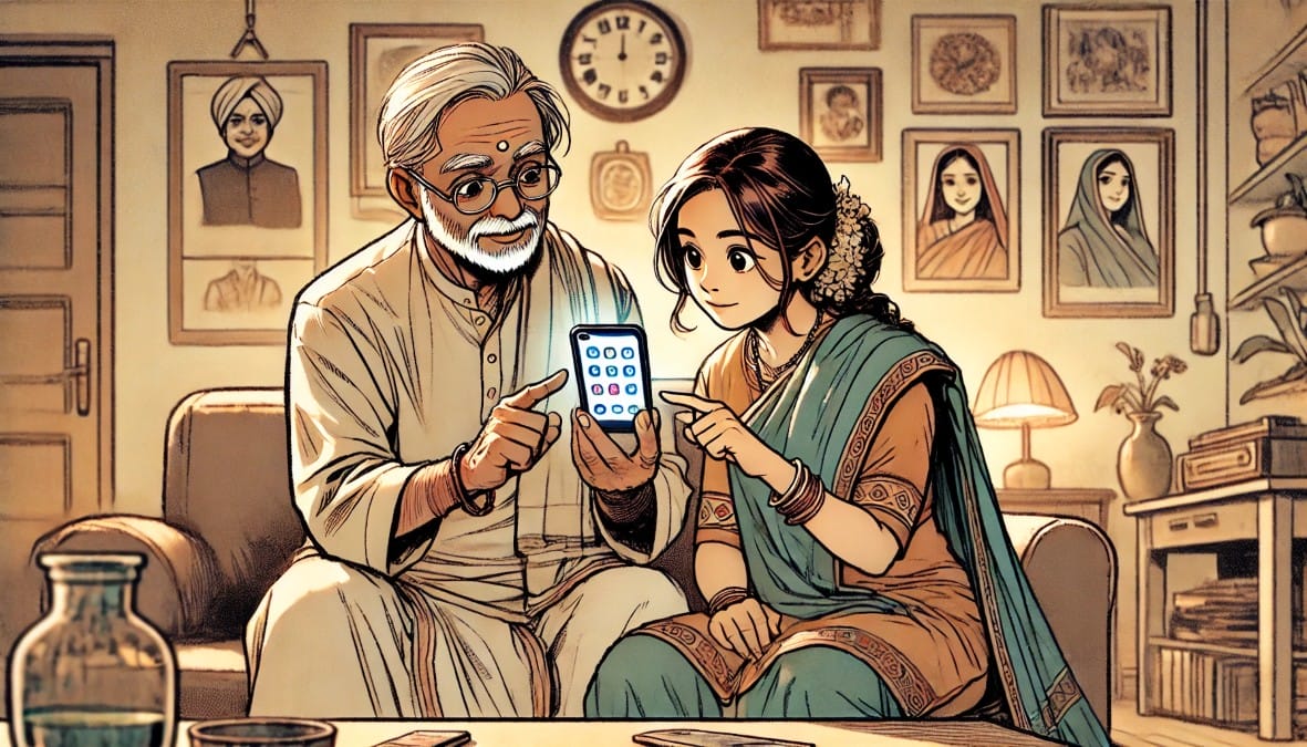 teaching father how to use a smartphone