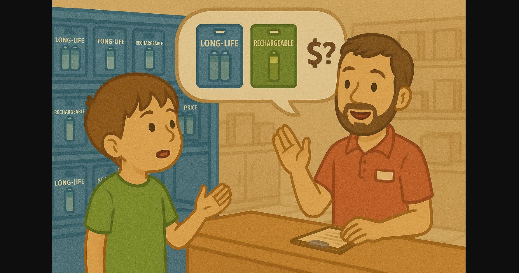 a boy asking alkaline vs rechargeable battery difference