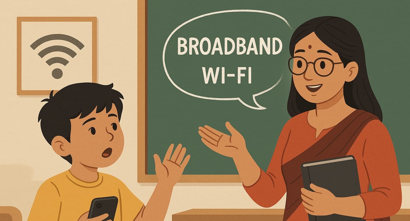 a boy asking teacher to explain broadband internet