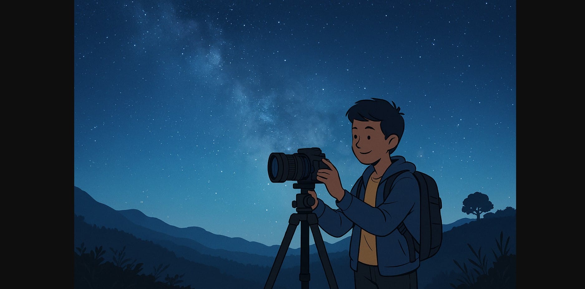 a boy setting up camera for astrophotography