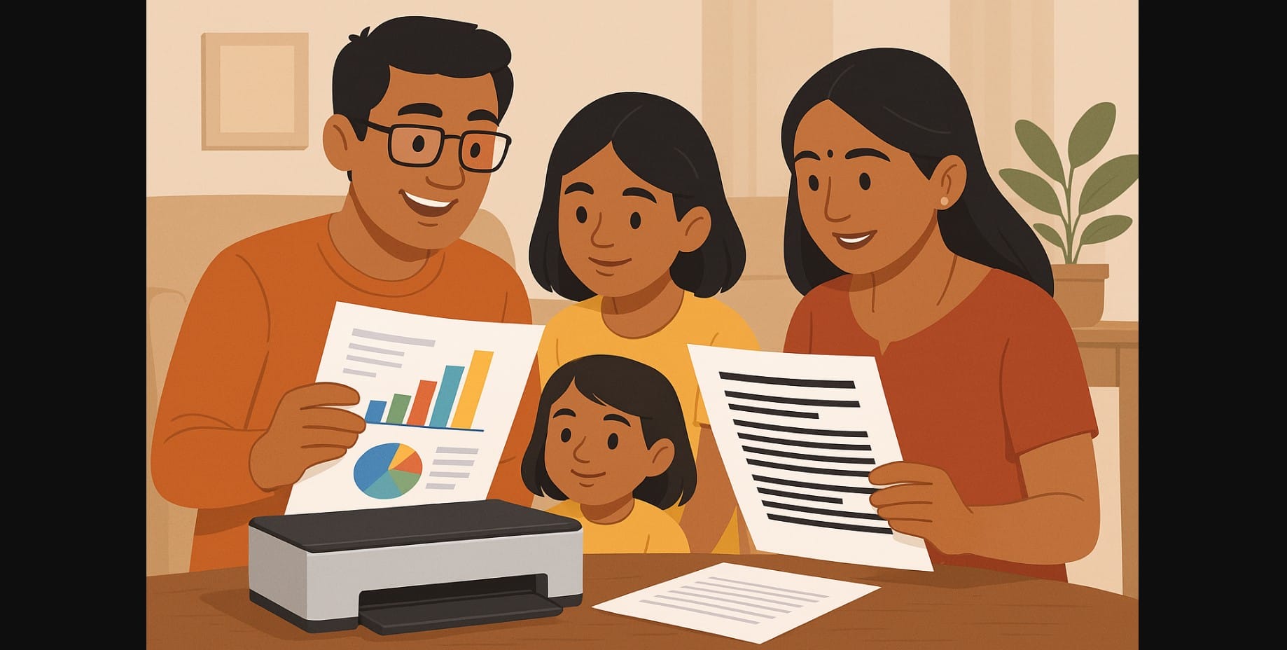a family comparing color printer and black-white printer