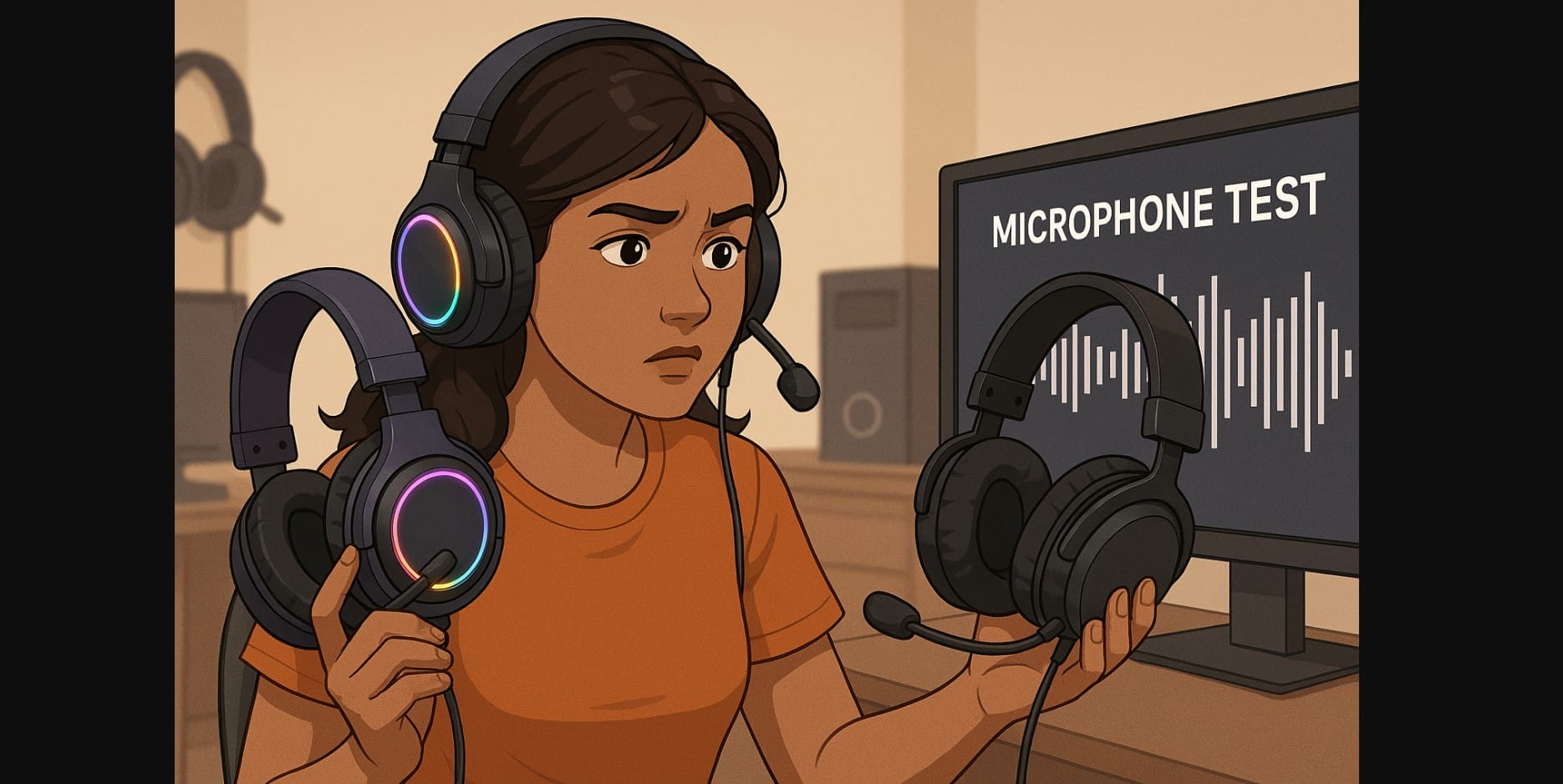 a gamer girl checking mic clarity of headphone without rgb