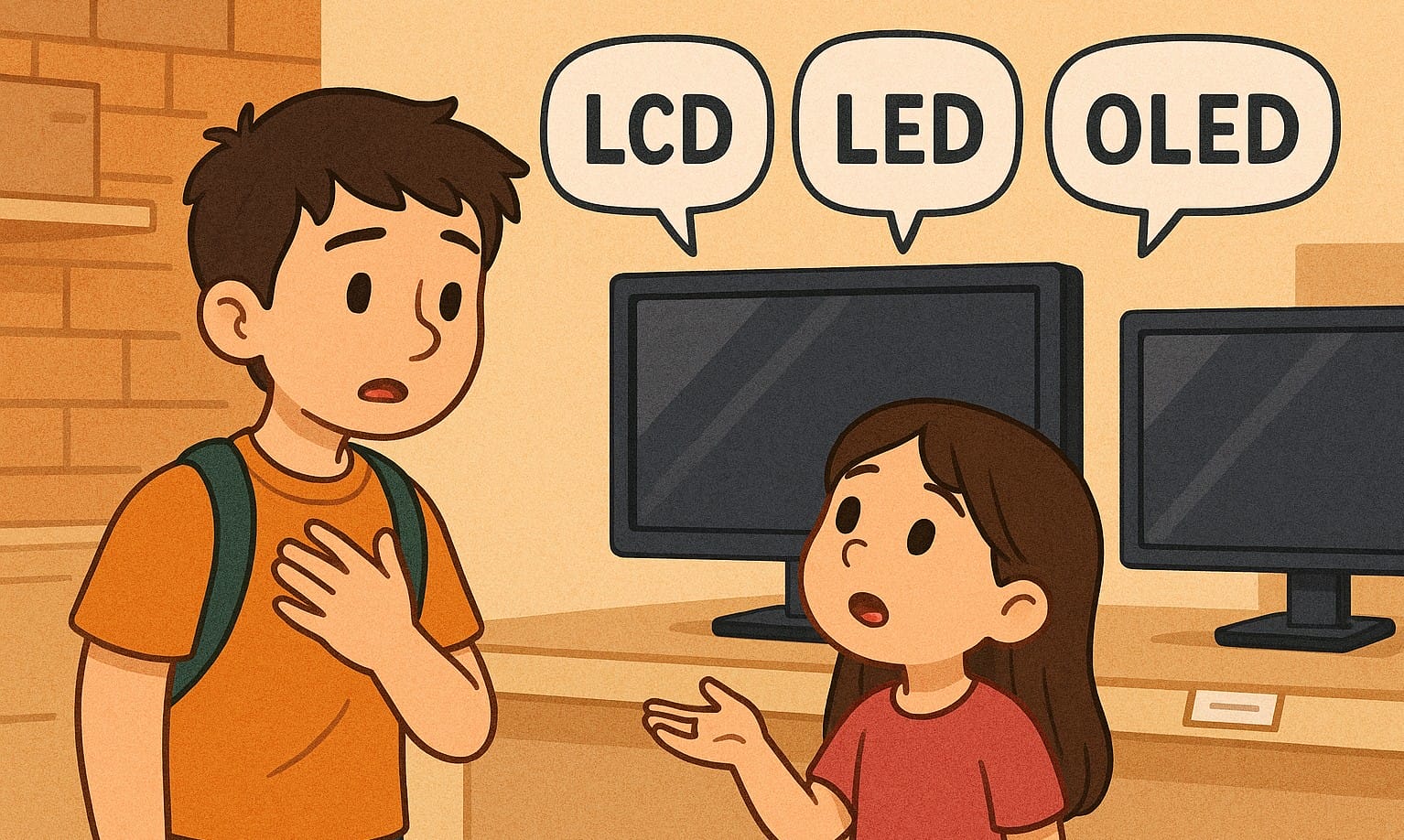 a girl asking difference between lcd led and oled monitors in shop