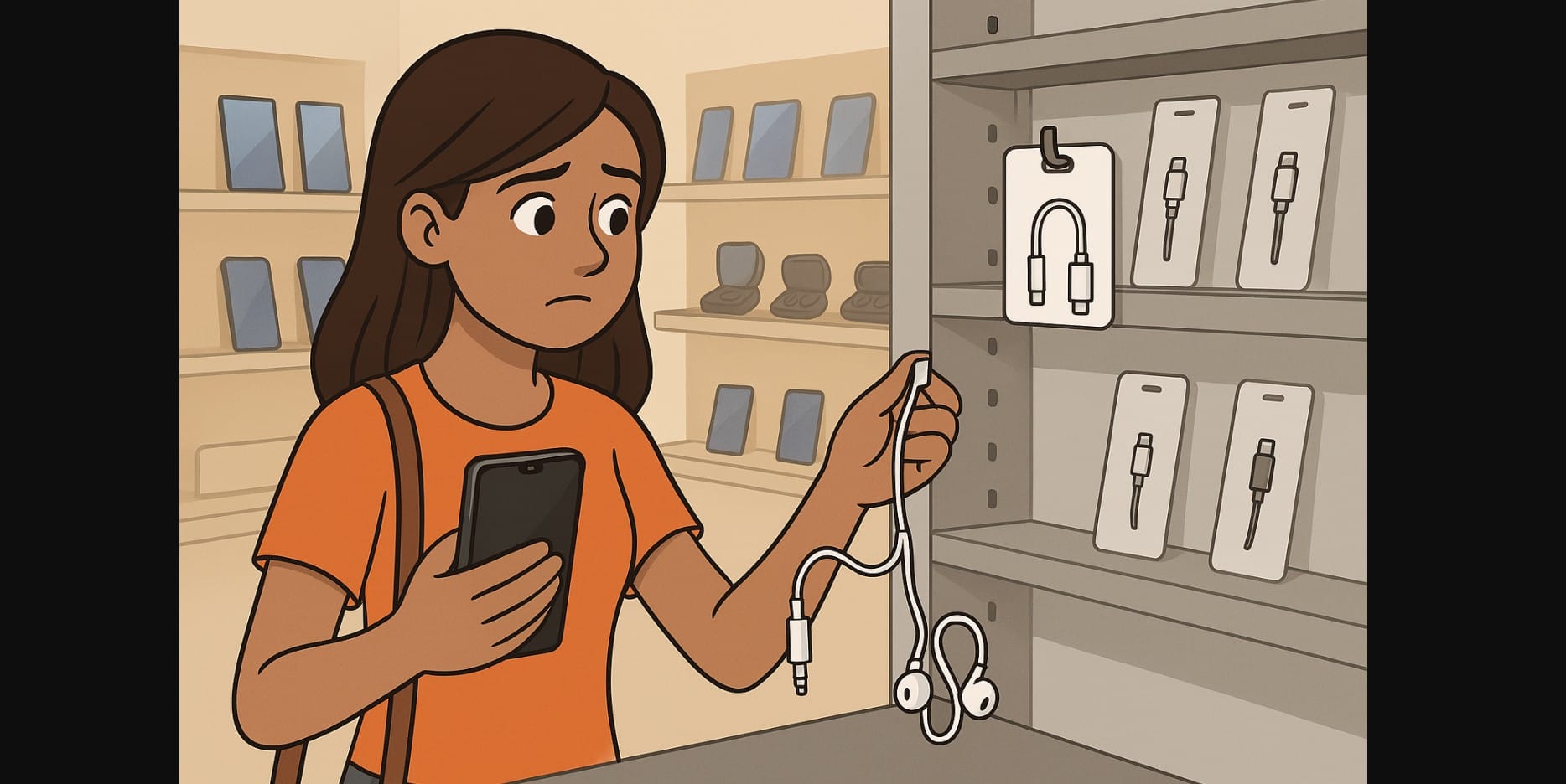 a girl buying connector for earphone to connect using usb-c