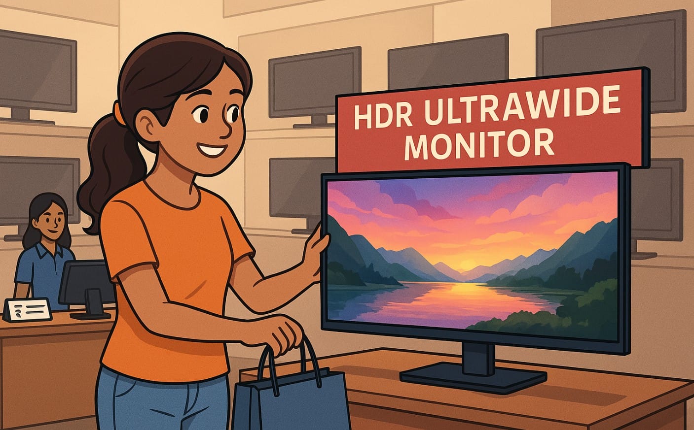 a girl buying ultrawide hdr monitor