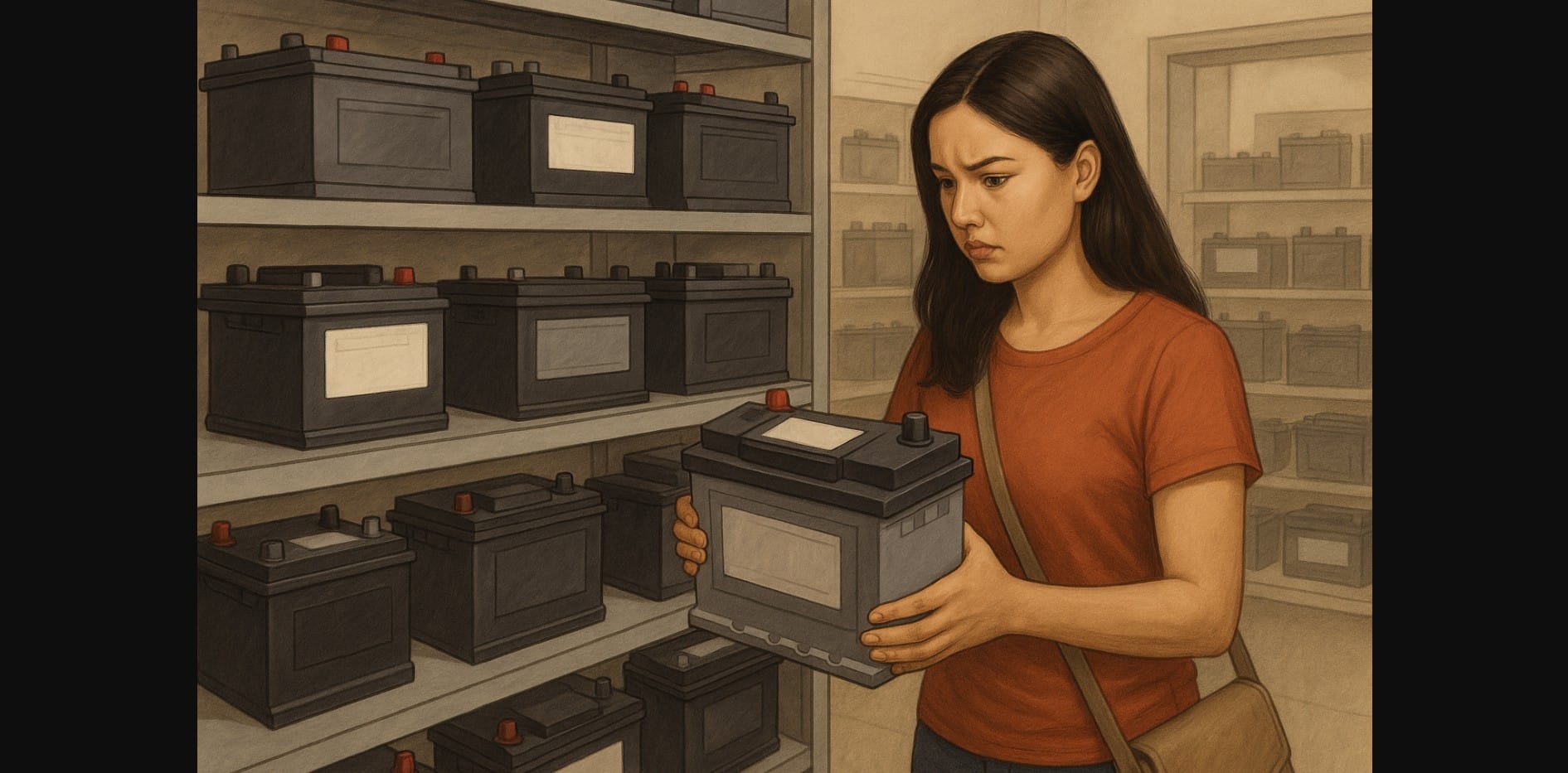 a girl carefully checking car battery specification