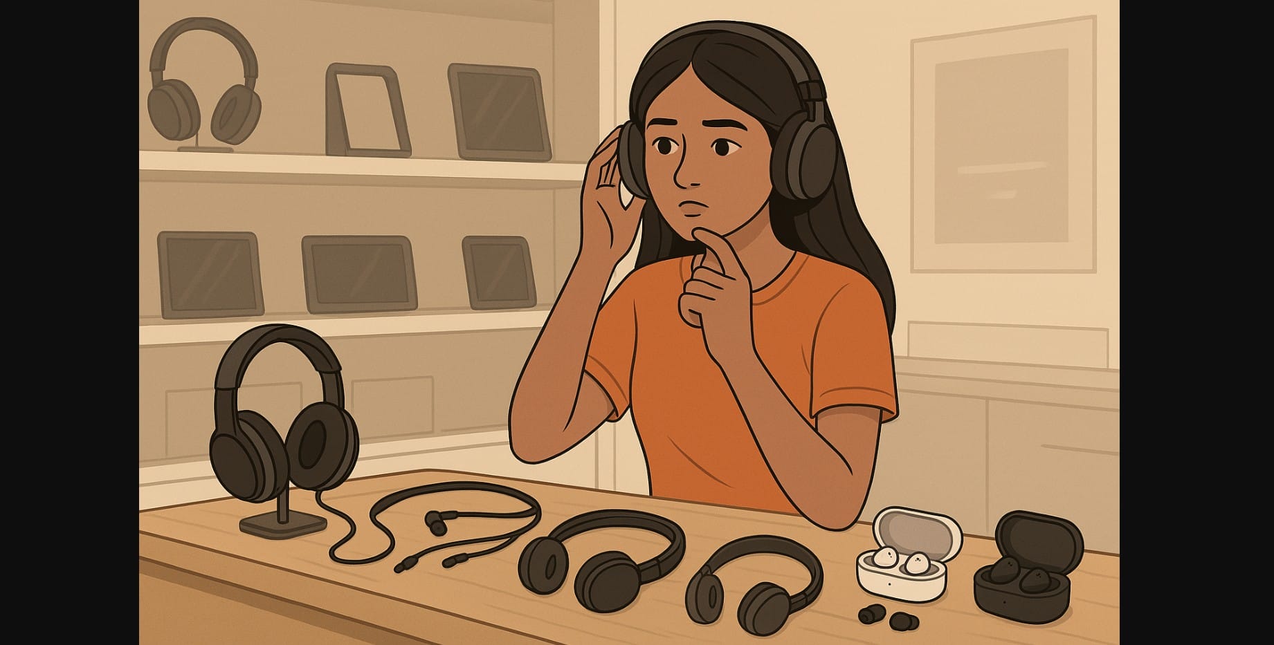 a girl checking different audio system for sound and comfort