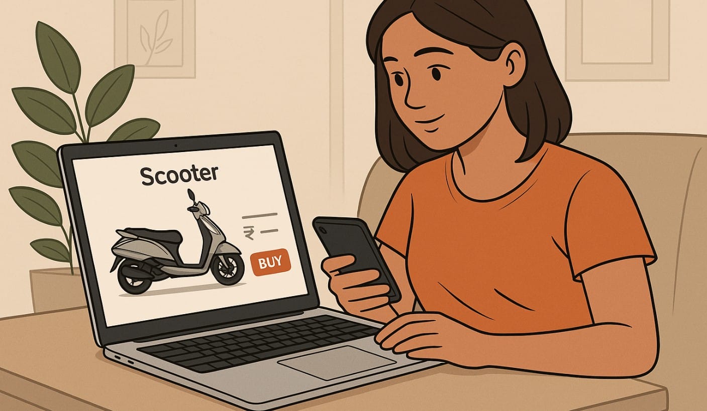 a girl checking scooter online on laptop and mobile