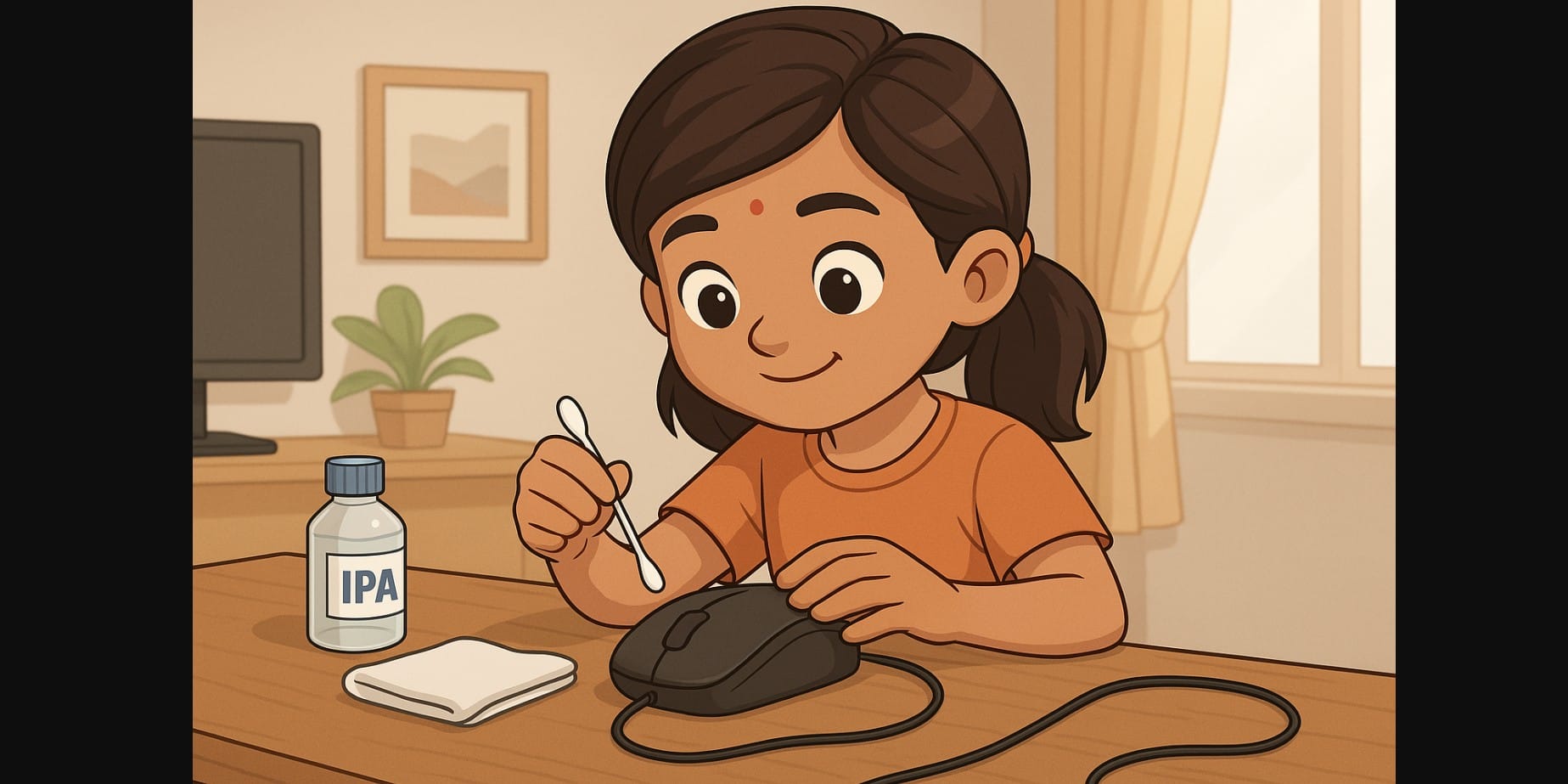 a girl cleaning mouse carefully