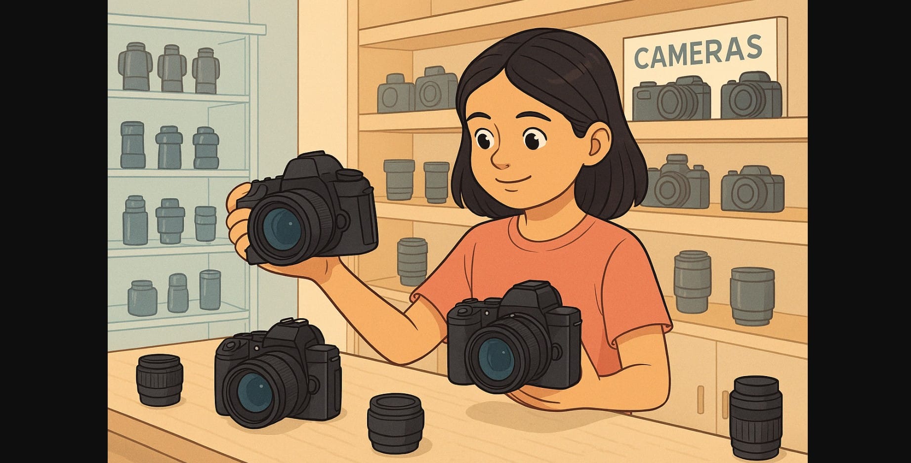 a girl comparing dslr and mirrorless camera