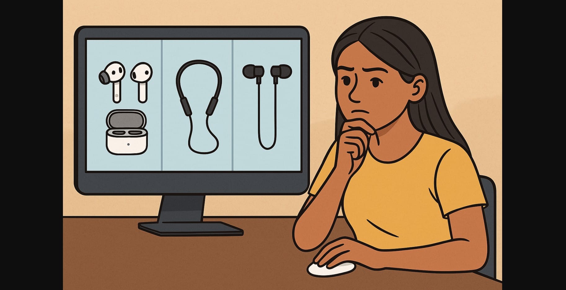 a girl comparing tws neckband wired online store