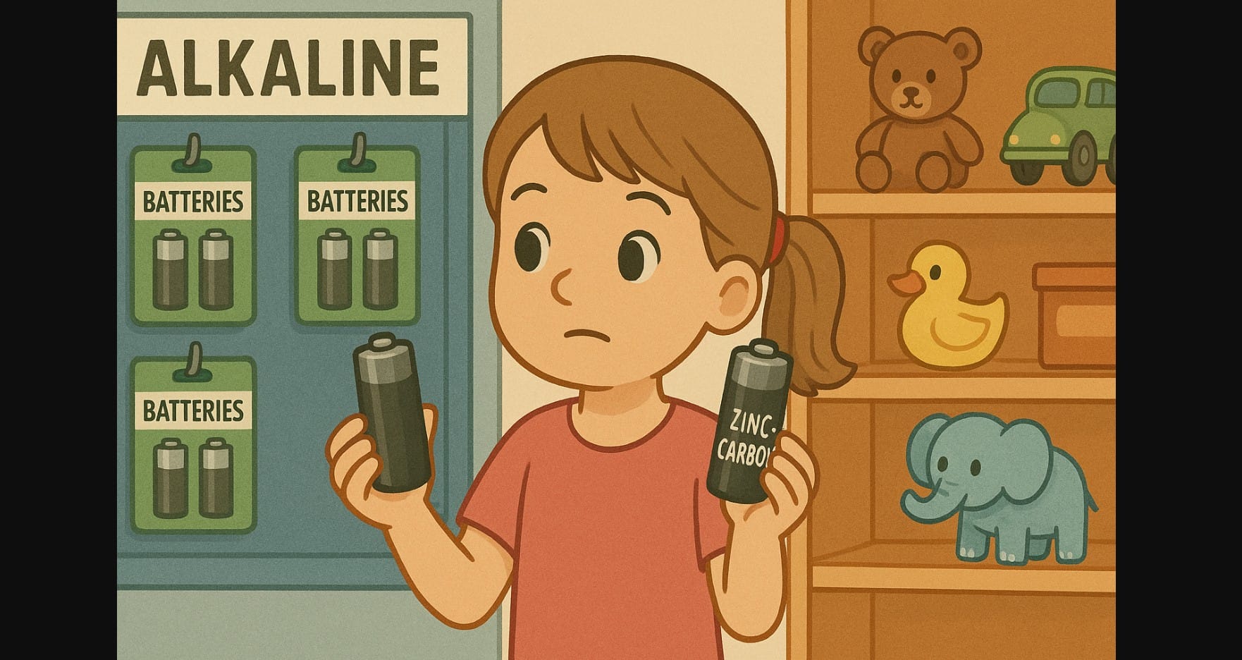 a girl deciding between advanced alkaline and dry-cell battery