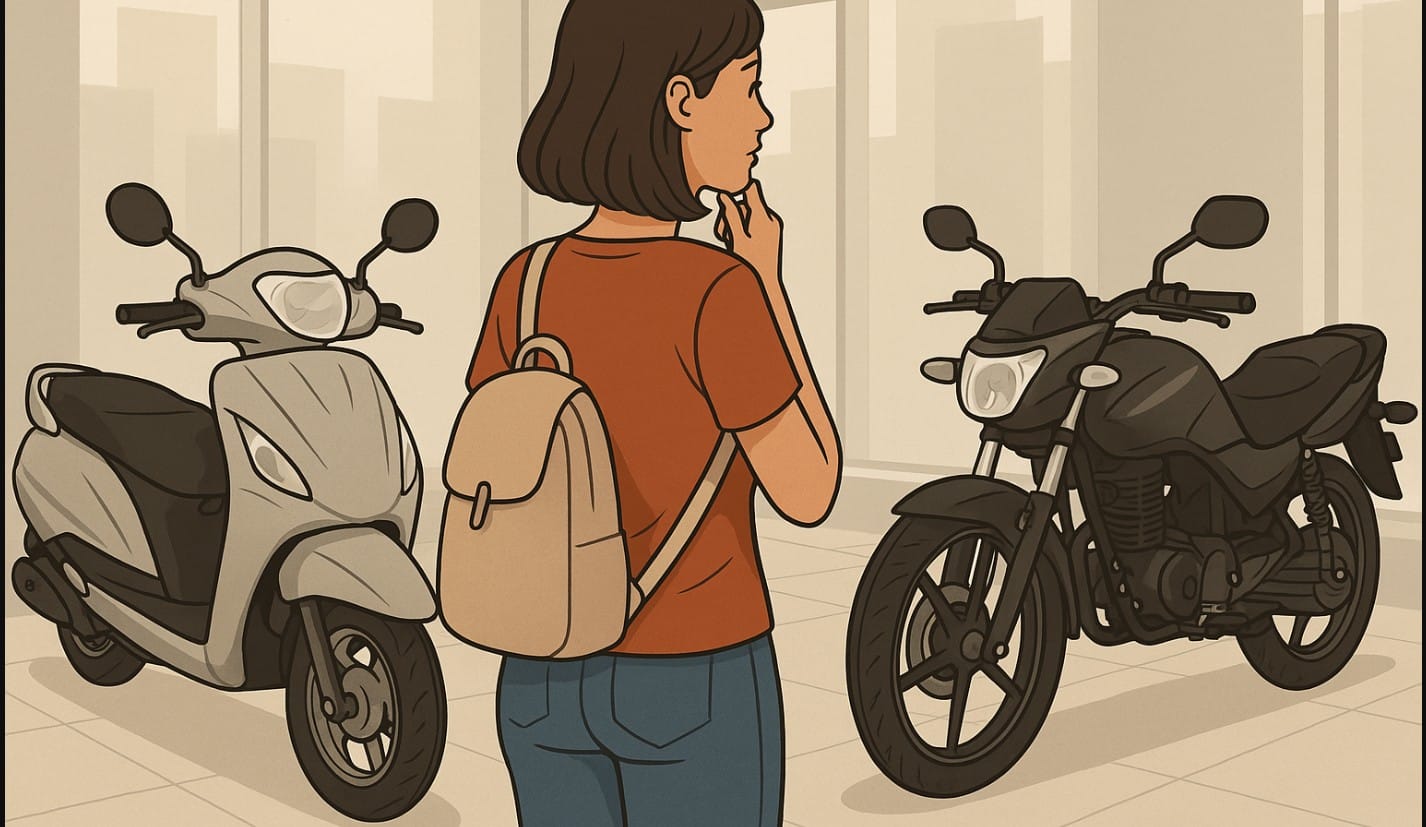 a girl deciding between bike and scooter