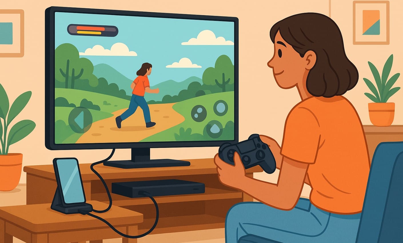 a girl enjoying mobile games on big screen monitor