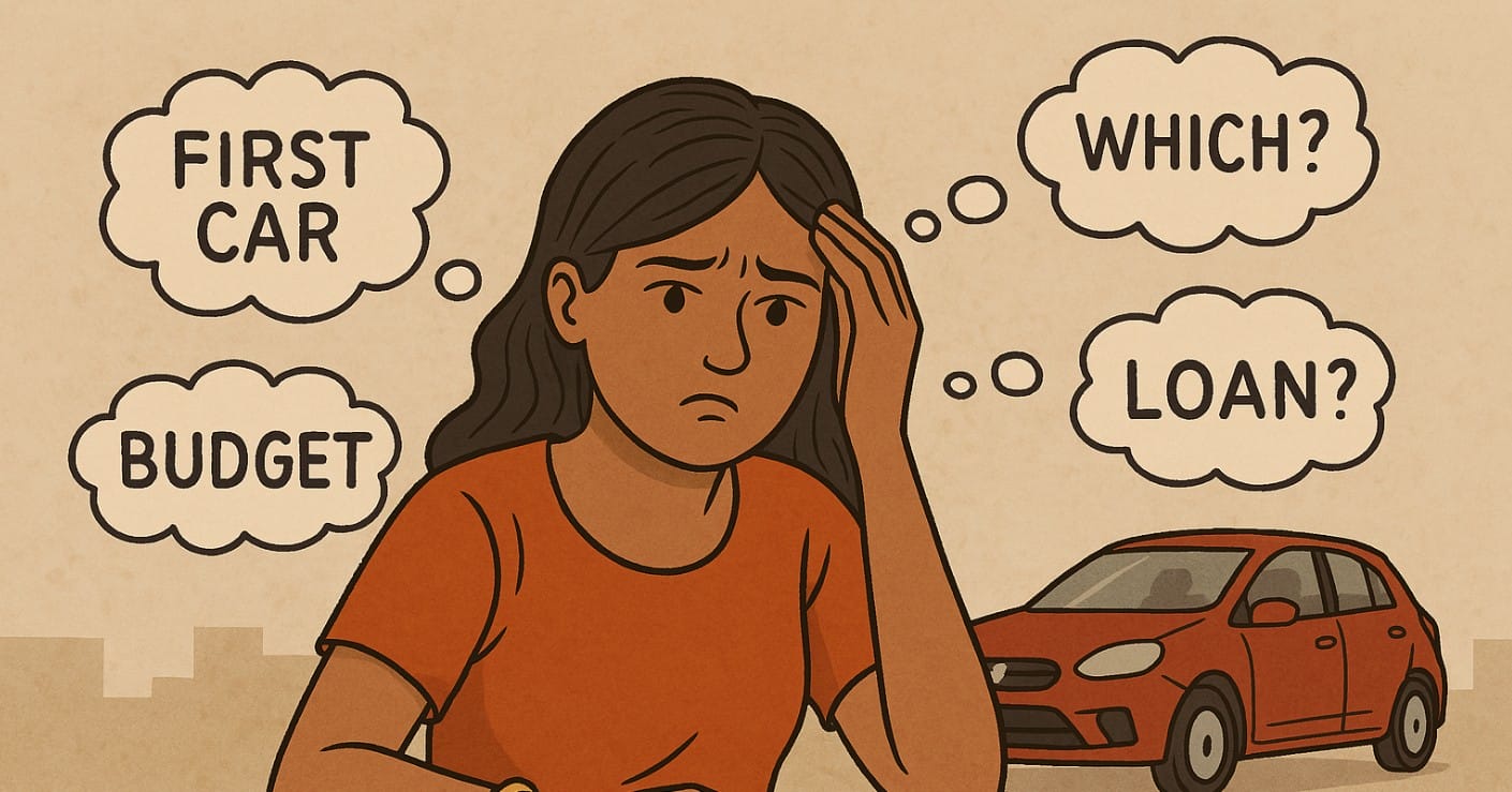 a girl is nervous overwhelmed with new car purchase
