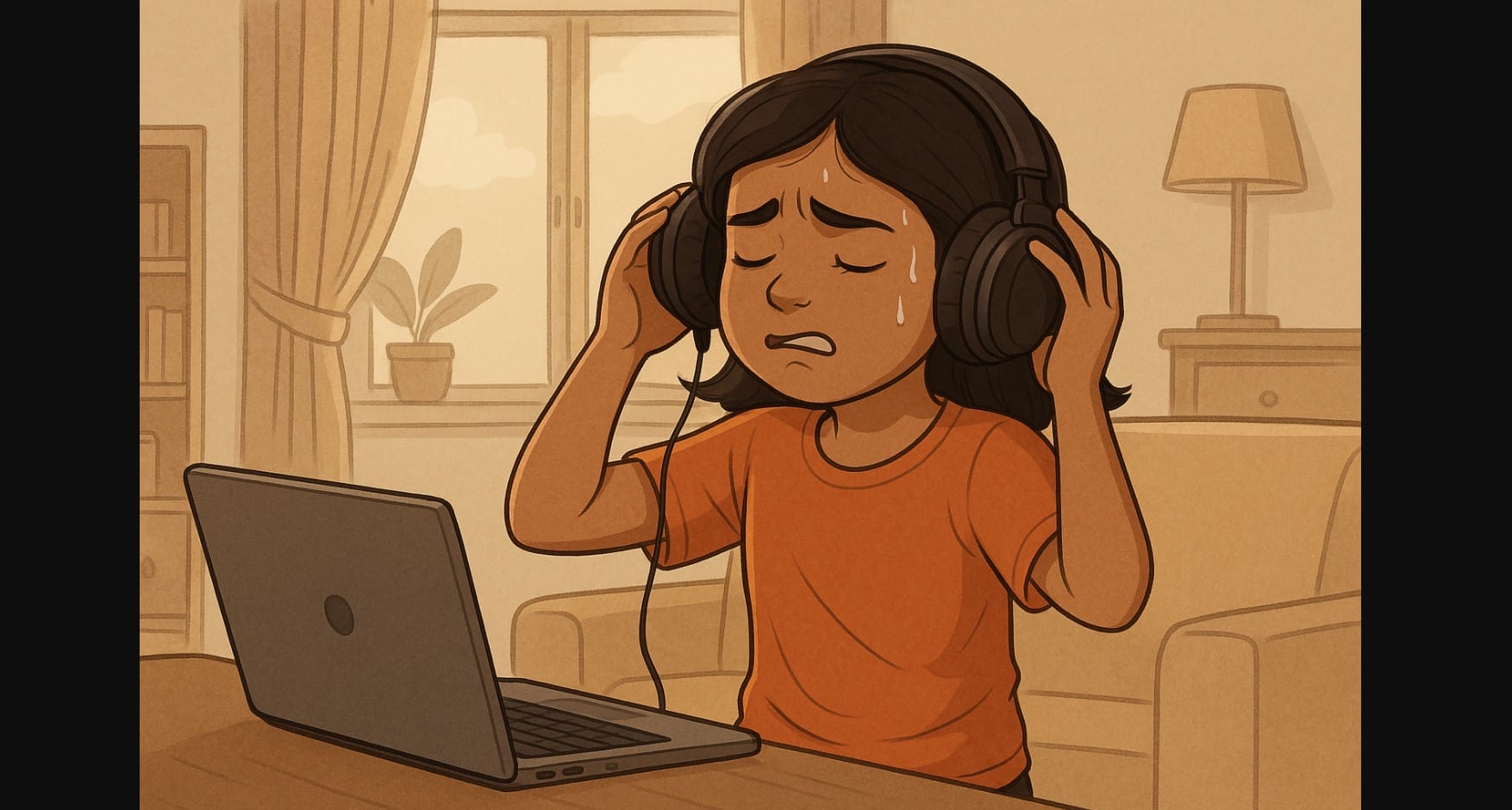 a girl removing sweaty headphone after online class