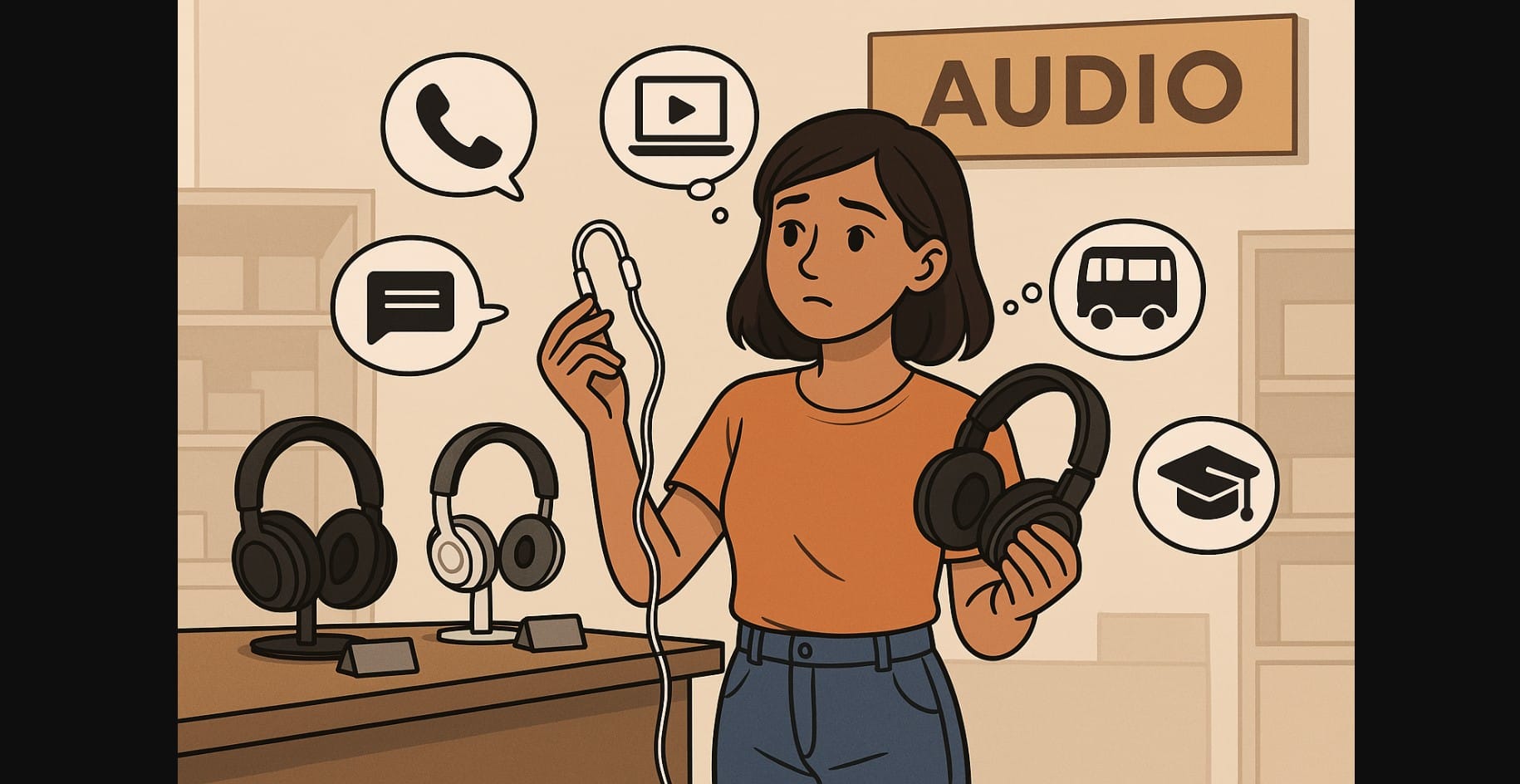 a girl thinking about headphone usage and asking question
