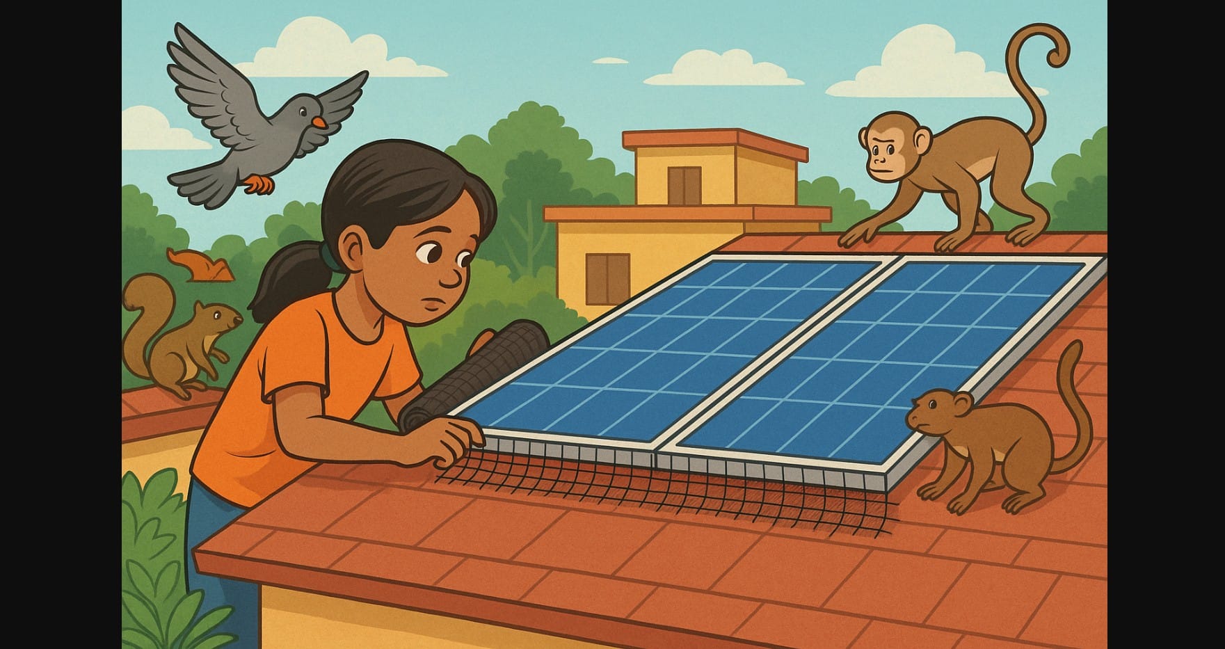 a girl trying to protect solar panel from birds, monkeys and others