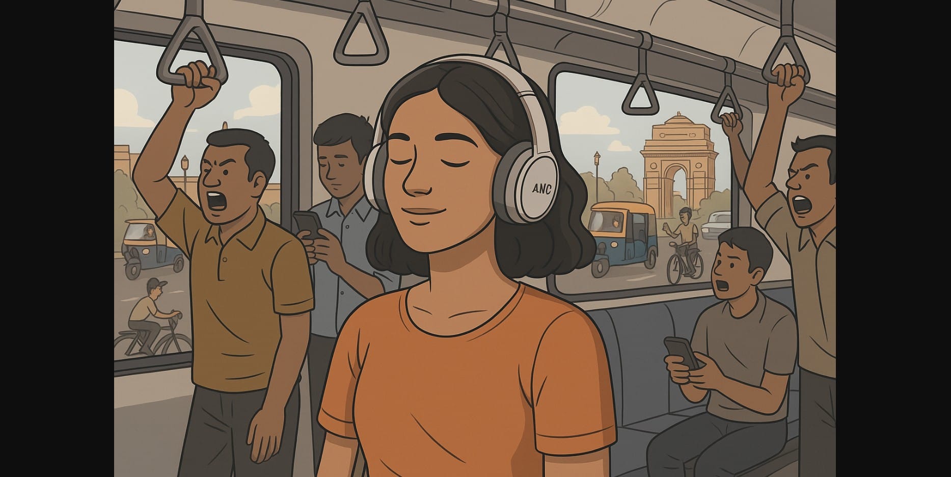 a girl using anc headphone in delhi metro