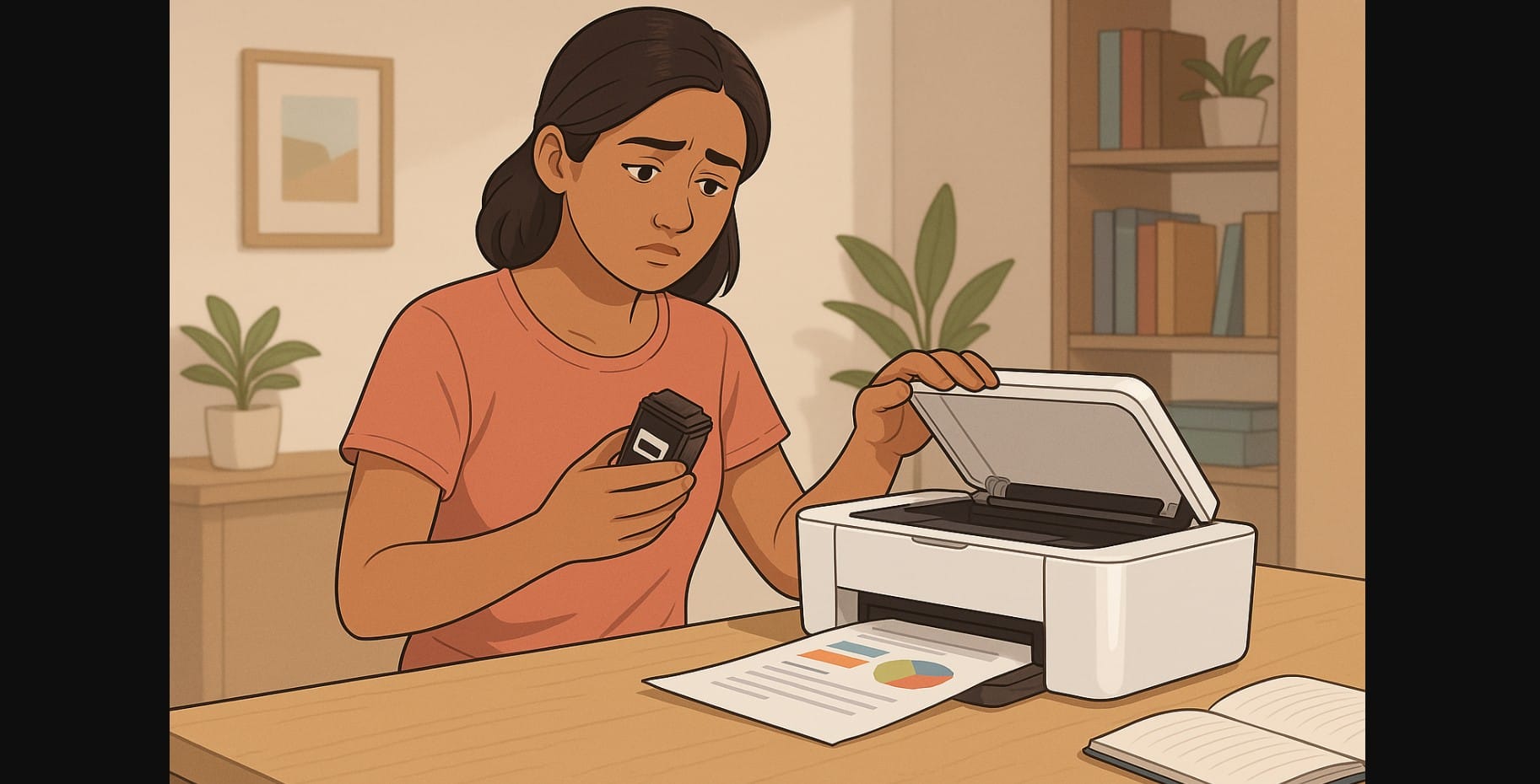 a girl using ink jet printer for school assignment