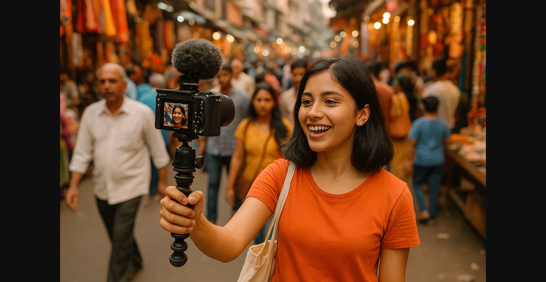 a girl vlogging in busy market
