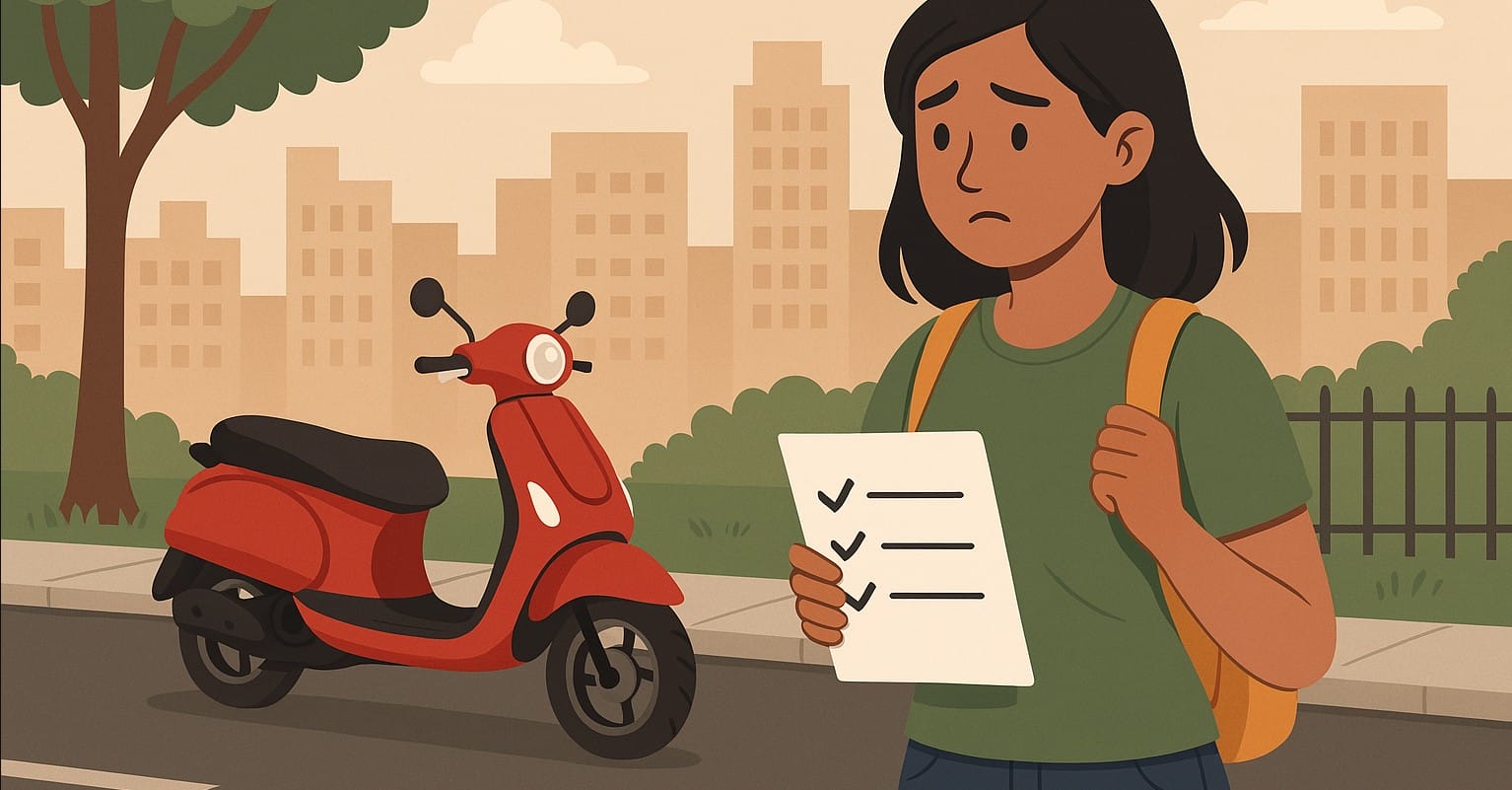 a girl worried about her scooter parked in open space