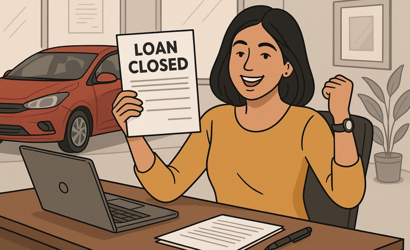 a happy woman after closing her car loan