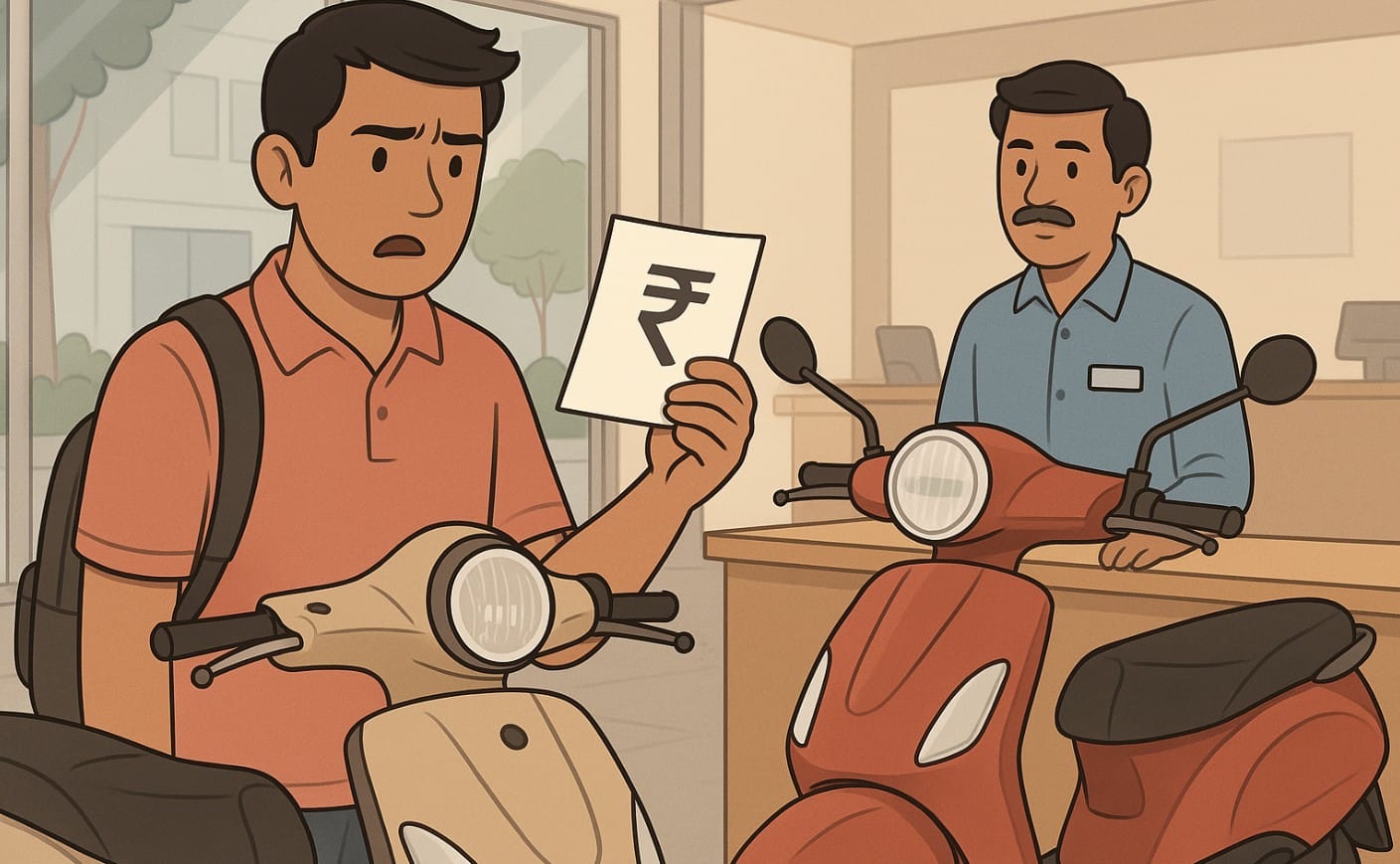 a surprised two wheeler buyer with extra cost