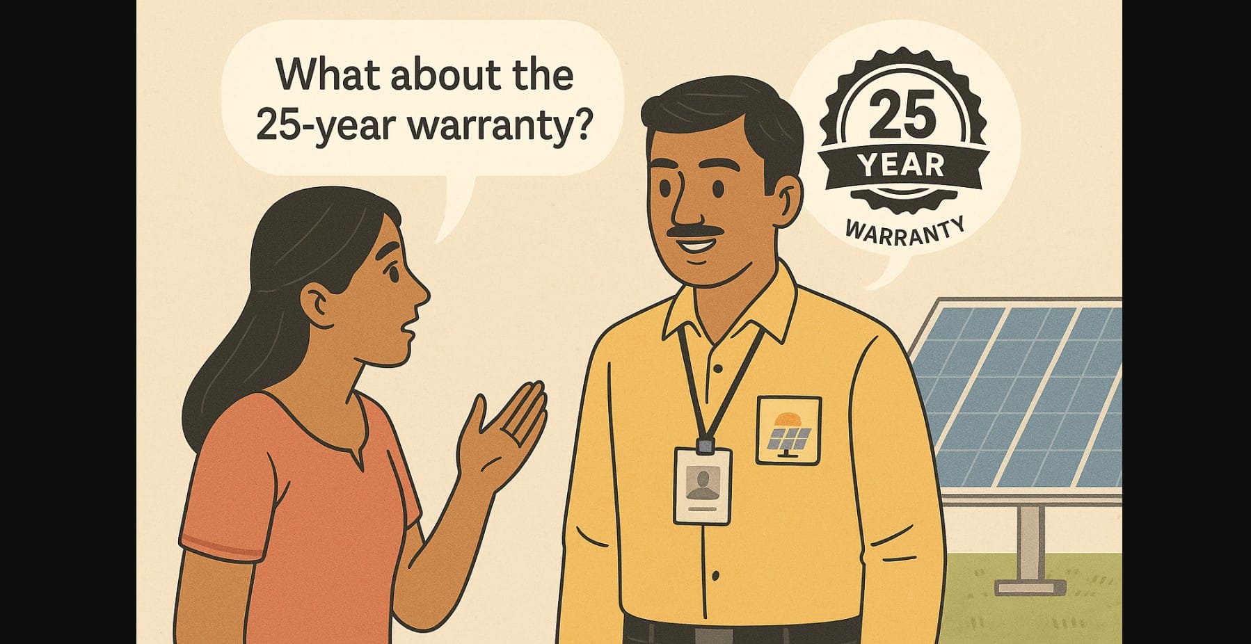 a woman asking 25 year solar panel warranty process