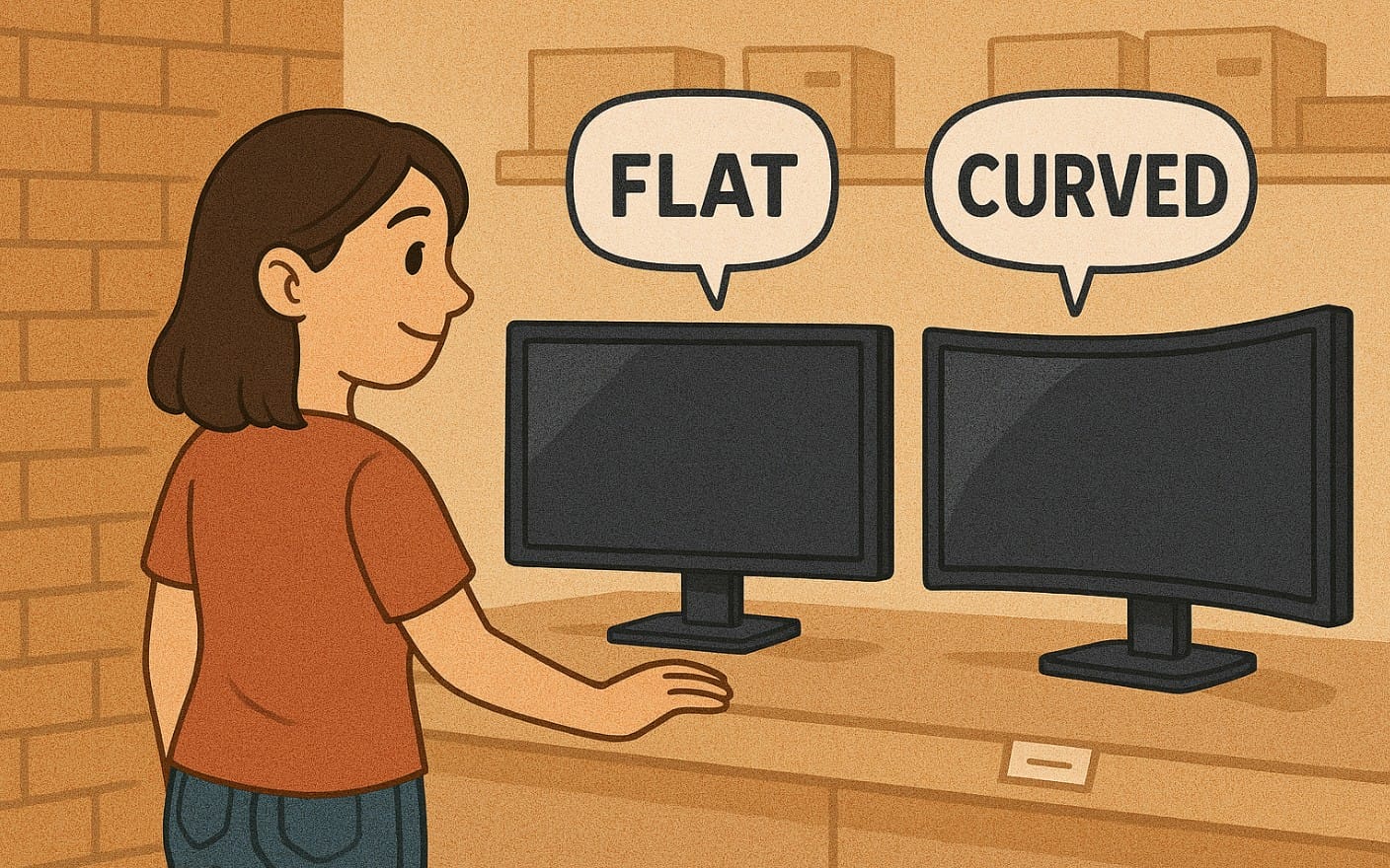 a woman buying a curved monitor after comparing it with flat monitor