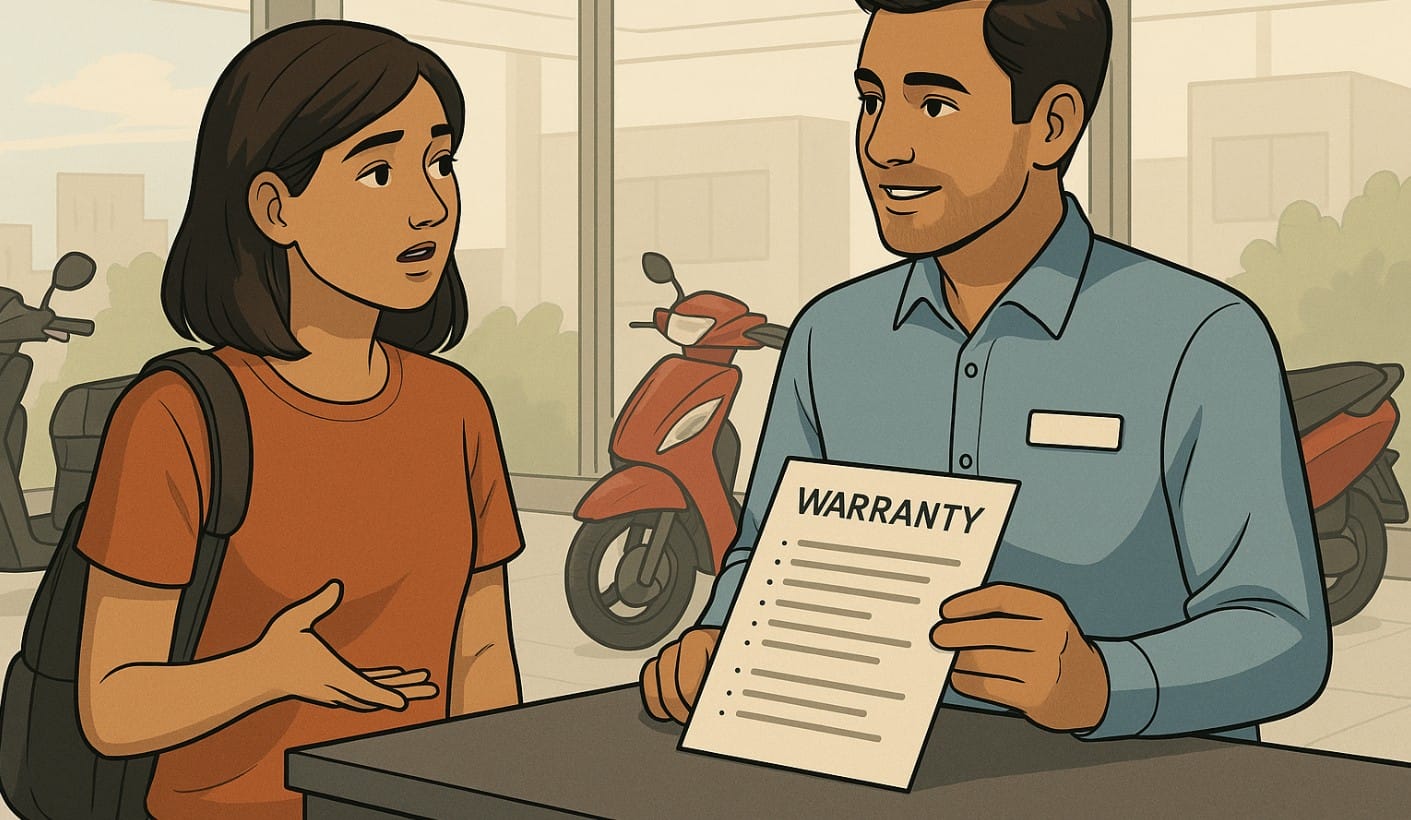 a woman buying extended warranty for two wheeler