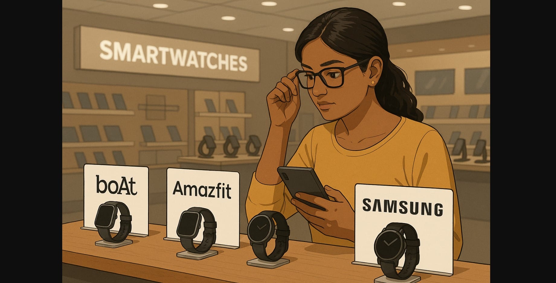 a woman checking different brands smartwatch