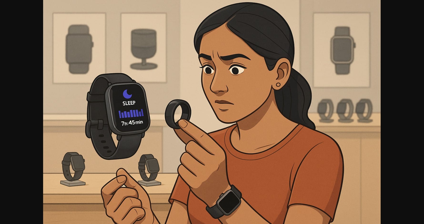 a woman comparing smart ring and watch in store