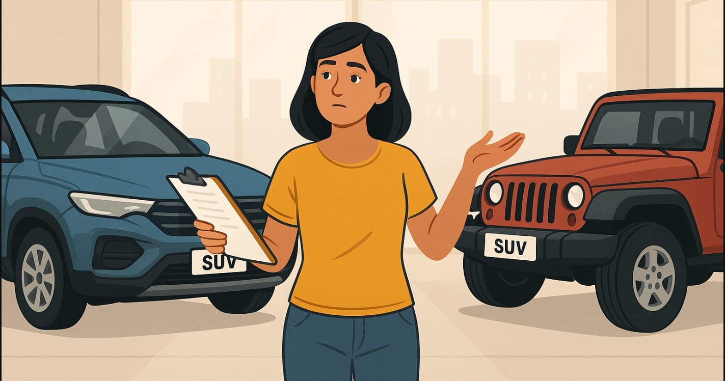 a woman comparing two suv