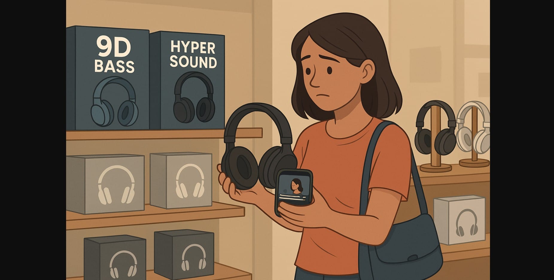 a woman focusing on real headphone feature and ignoring flashy packaging
