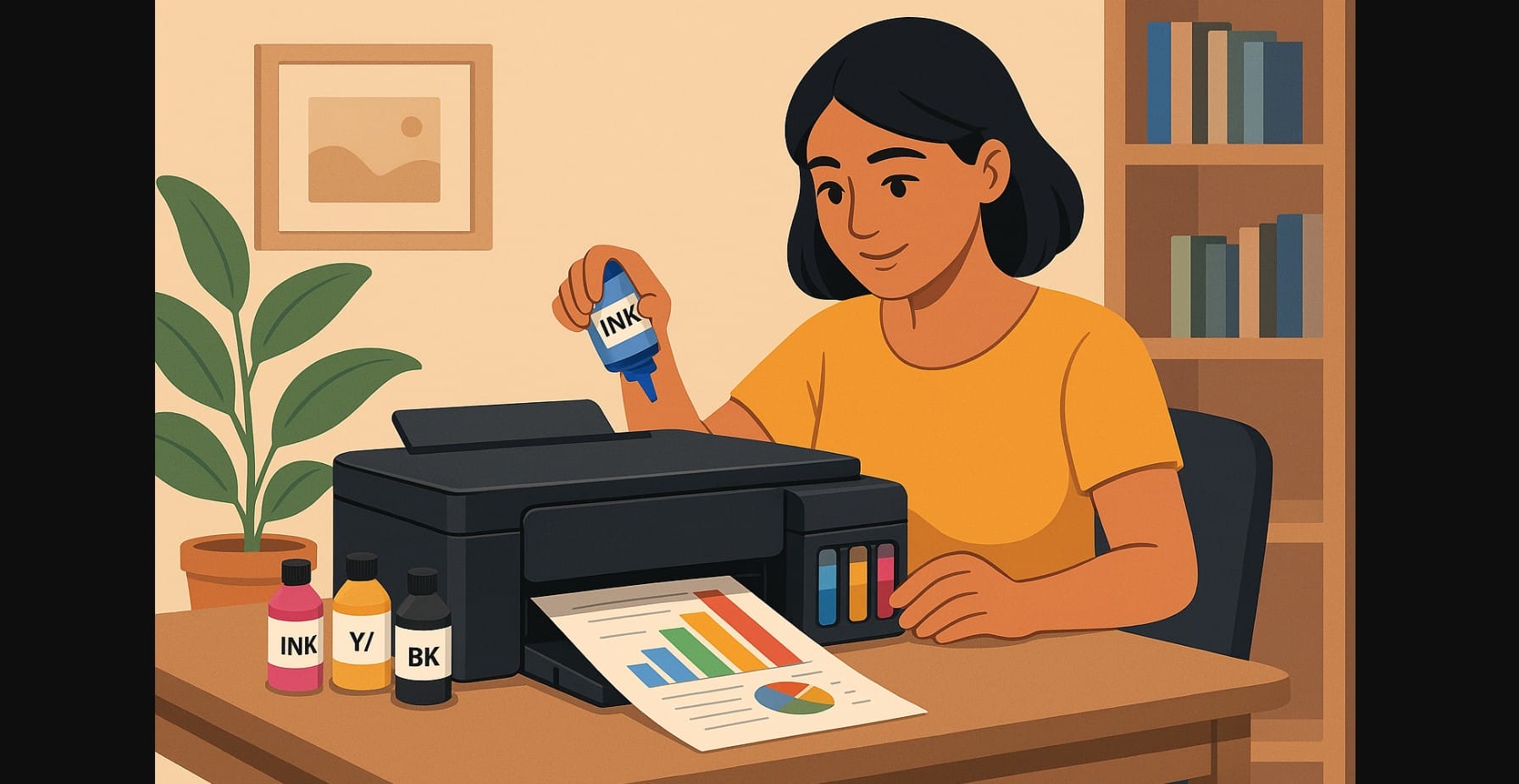 a woman refilling inktank printer