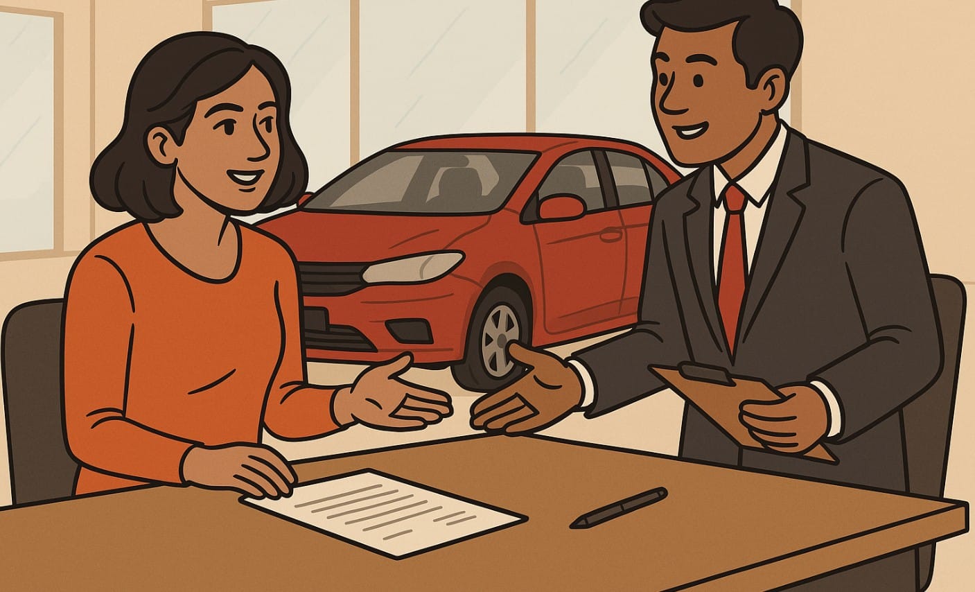 a woman smartly negotiating with a car salesperson in India