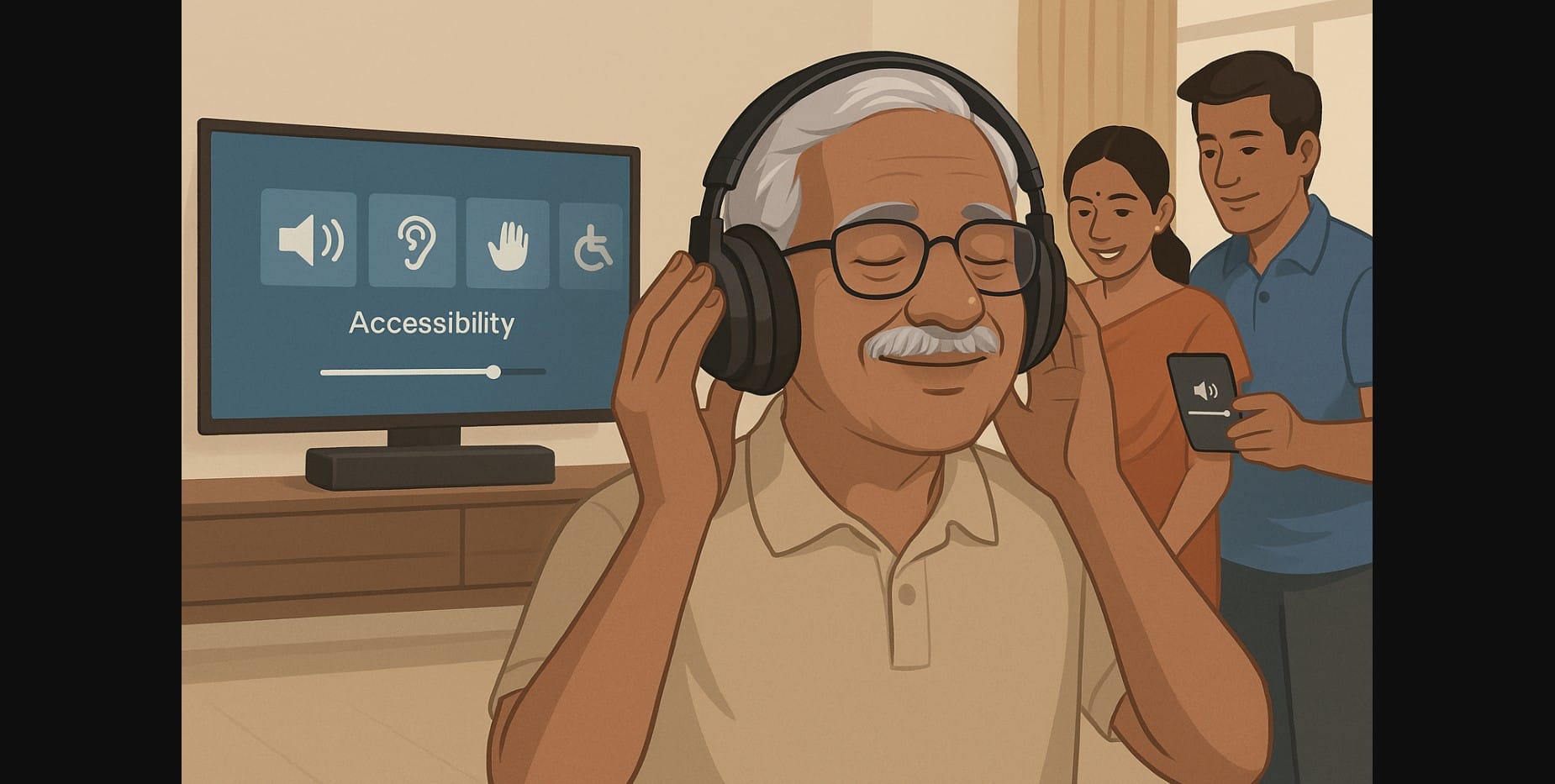elderly man using over-ear headphones with accessibility options turned on