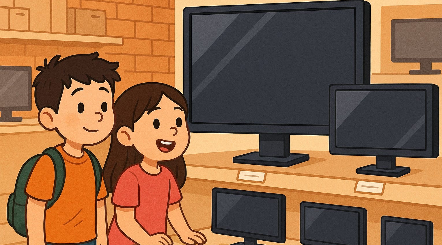 excited kids looking at big size monitor