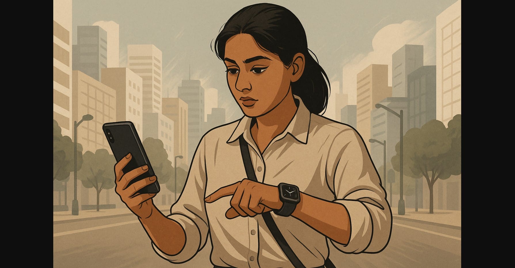woman comparing smartwatch and smartphone