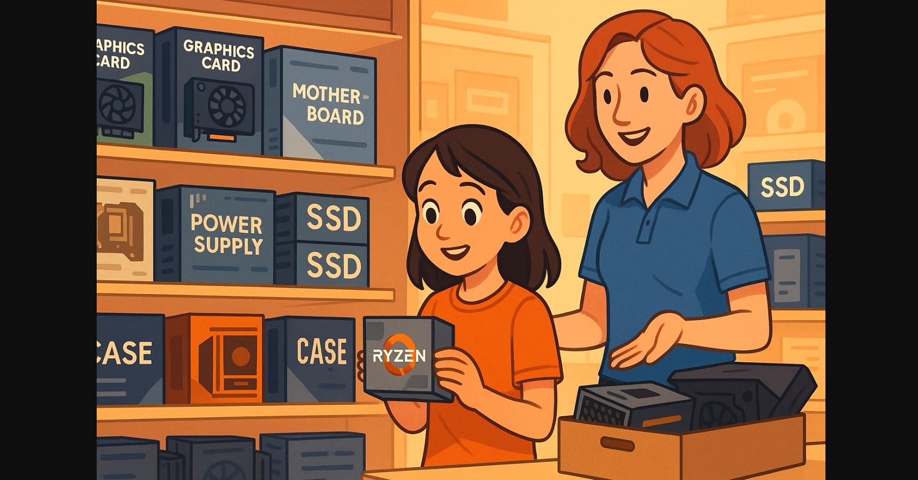 a girl buying gaming pc parts