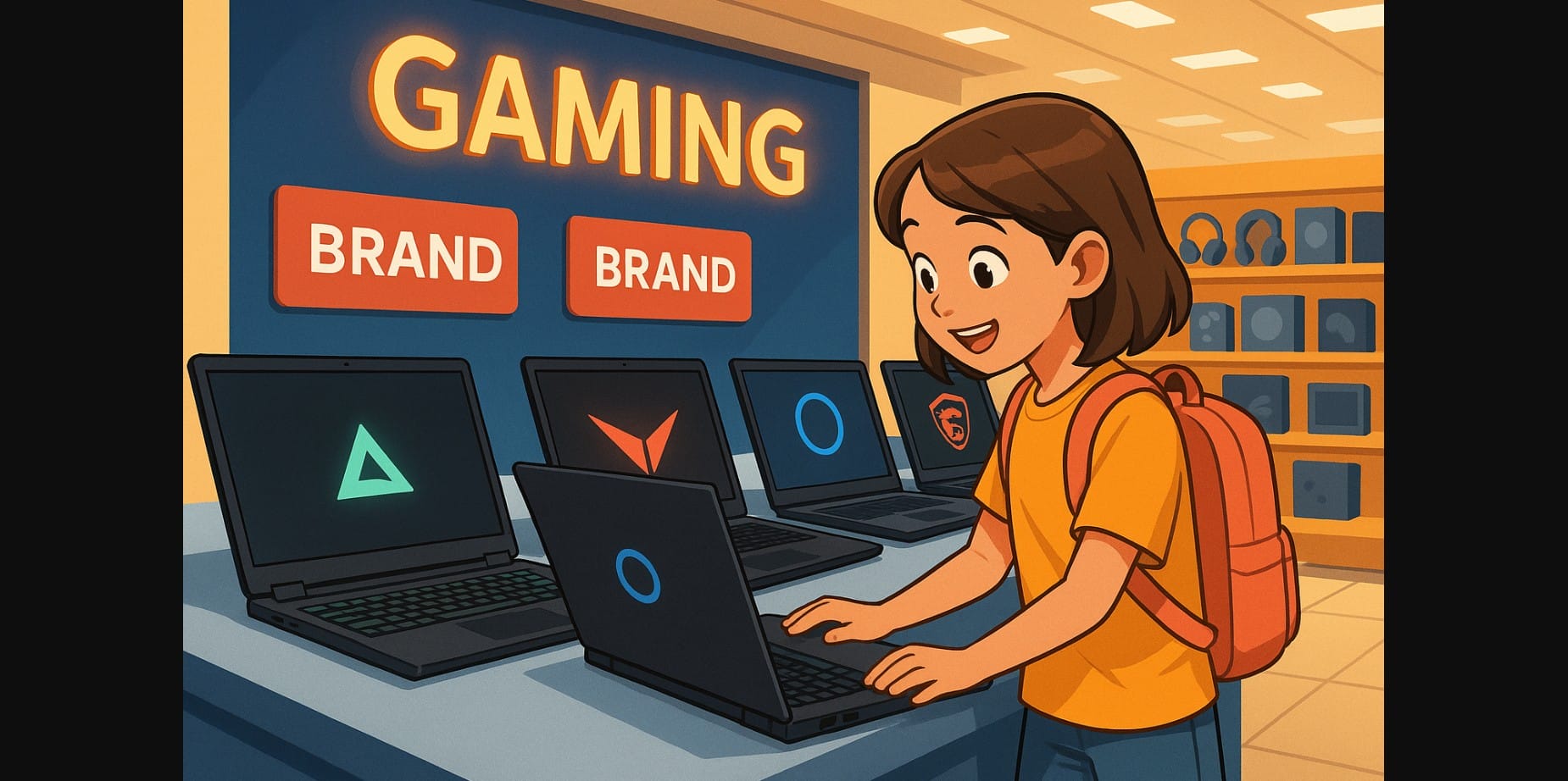 a girl checking out gaming laptops in store