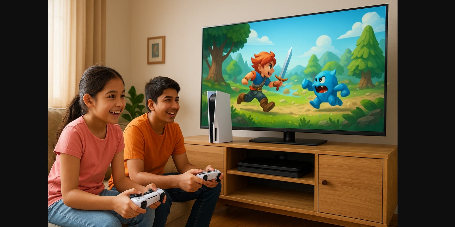 brother sister enjoying ps5 game