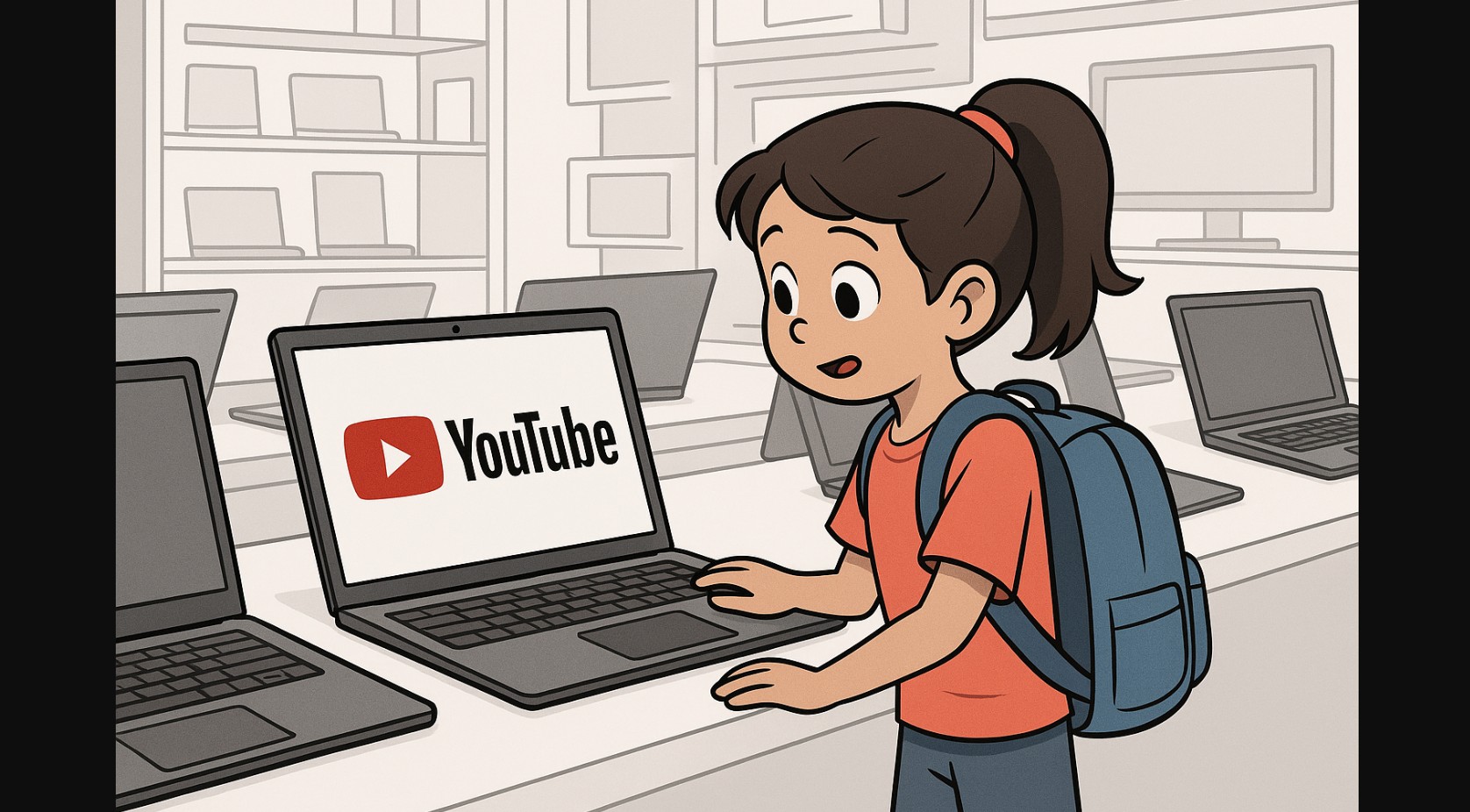 a girl checking creator laptop in store