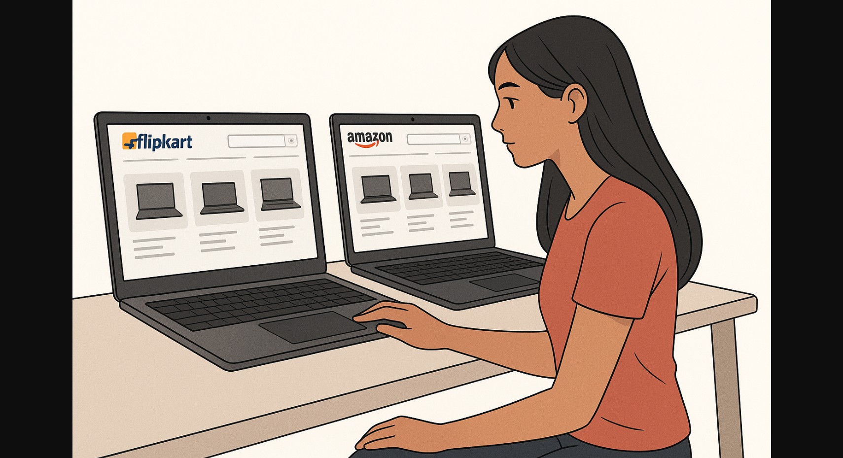 a girl checking new laptop brands on amazon and flipkart