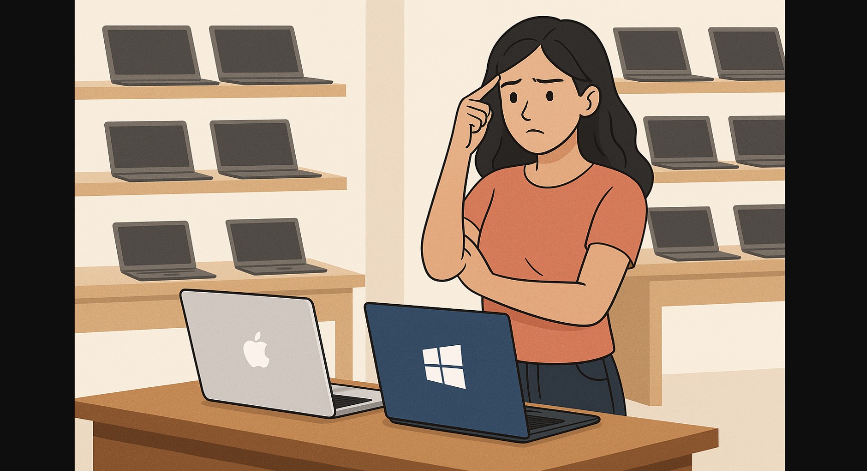 a woman confused between apple and windows laptop platform